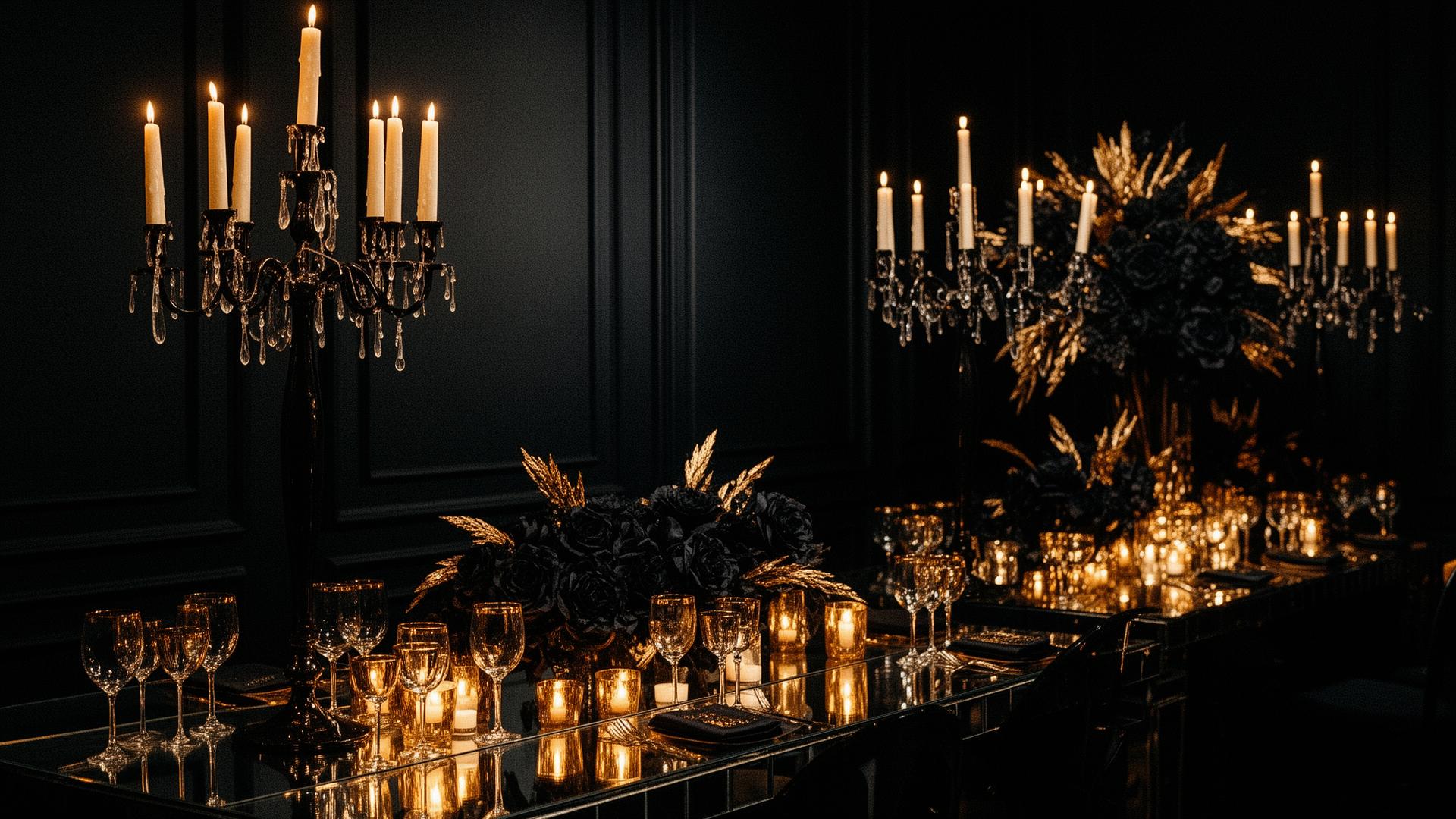Candlelit luxury banquet table with florals, gold-rimmed crystal and silver candelabras in a darkened ballroom