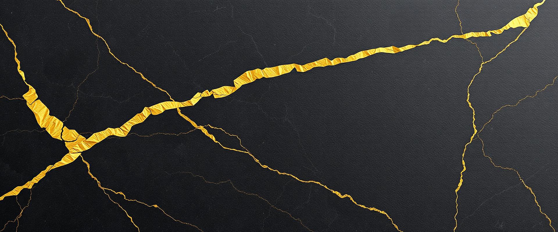 Macro texture of brushed gold leaf running through fissures in matte black marble